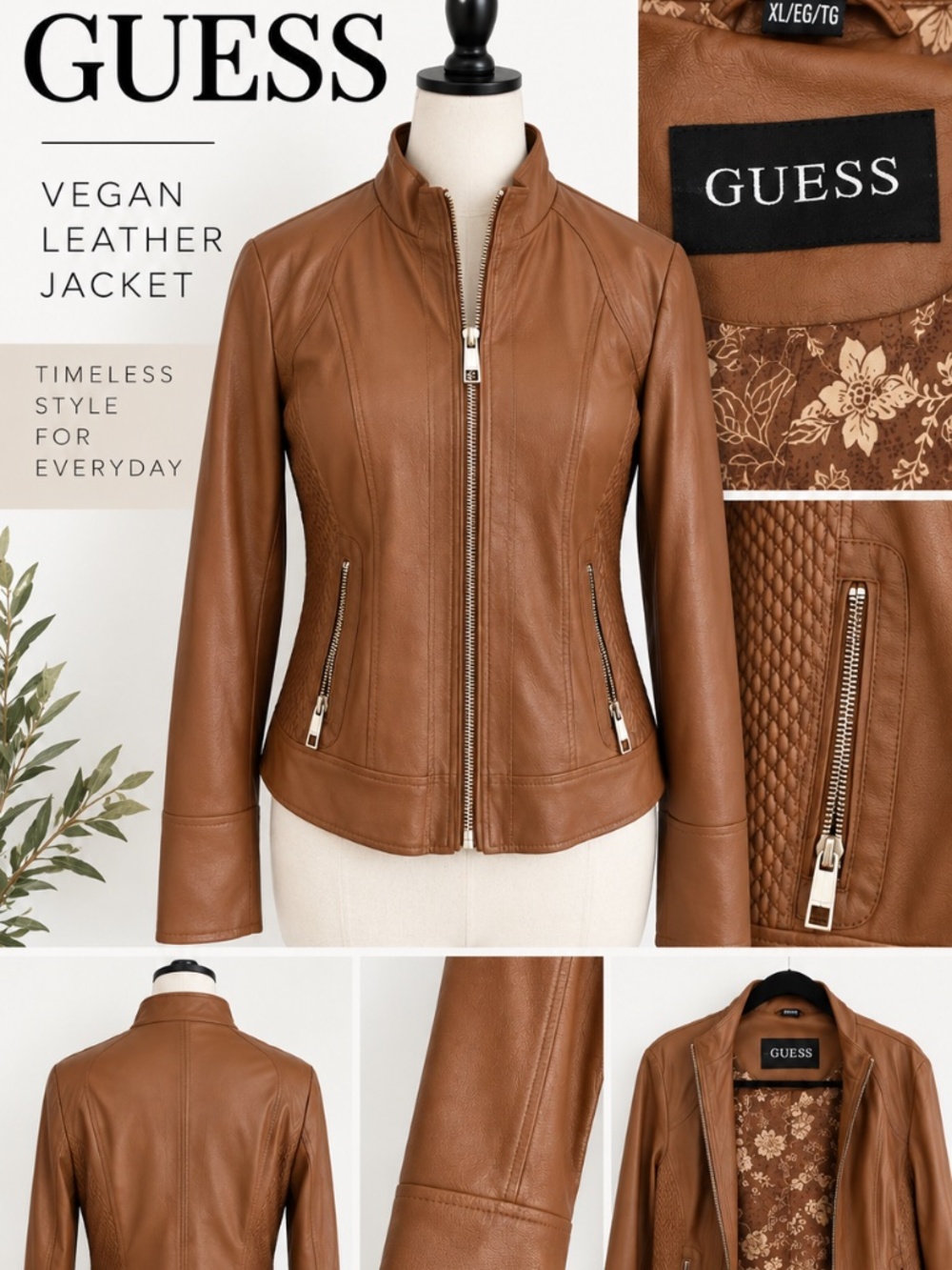 GUESS Cognac Vegan Leather Moto Jacket XL Gold Zippers